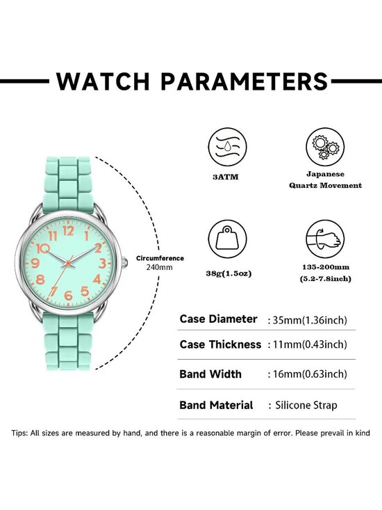 Women\'s Mint Orange Big Face Easy Reader Silicone Strap Waterproof 35MM Watch main image 5